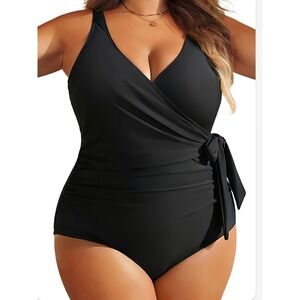 Yonique Plus‎ Size One Piece Swimsuit Black Tummy Control Wrap Side Tie 26W NEW